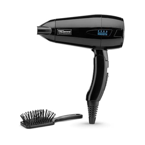 Image of TRESemme Smooth Lustre Folding 2000 Travel Dryer, lightweight 2000W hair dryer with folding handle, includes mini hairbrush, dual voltage for worldwide use, 5549U
