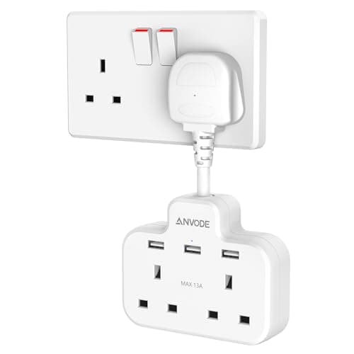 Image of Double Plug Adaptor with USB, 2 Way Wall Adapter with Short Extension Lead, Multi Plug Socket Extender For Home Office (White)