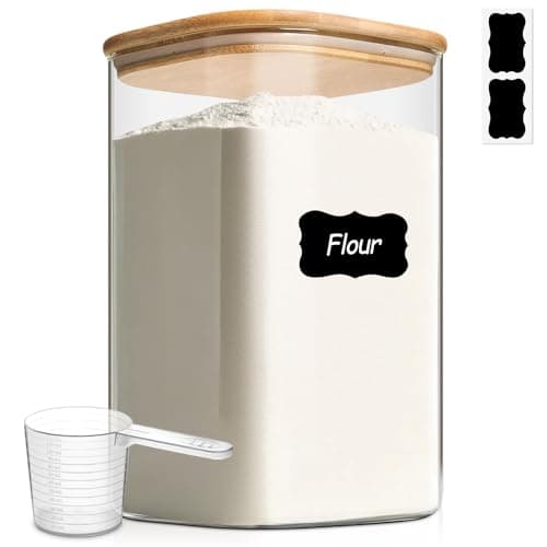 Image of ComSaf 4.4L Glass Food Storage Containers, Flour and Sugar Containers with Airtight Lids, Large Square Glass Jars with Bamboo Lids for Rice, Pasta, Oats, Grains, Cookies, Coffee Beans