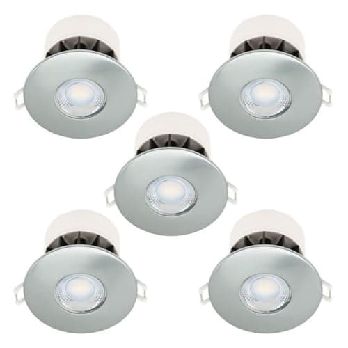 Image of firstchoicelighting Set of 5 Brushed Steel 8W LED Fire Rated Recessed Downlights, IP65 Bathroom Kitchen Ceiling Spots, Dimmable 4000k Integrated LED
