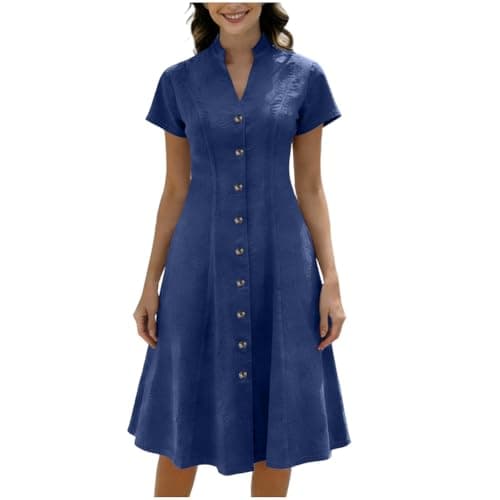 Image of Zeiayuas Denim Dresses for Women Summer Casual V Neck Midi Dress Bitton Down Y2k Streewear Short Sleeve A-Line Pleated Dress Beach Sundress Sexy Ladies Trendy Tunic Dresses Blue