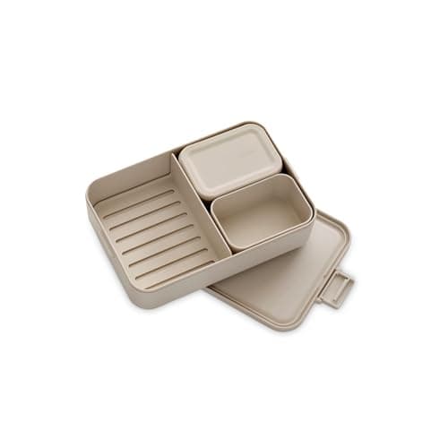 Image of Brabantia Make & Take Lunch Box Bento (2L), Removable Compartments for Food Separation, Plastic Food Container Lid with Clips, Bento Box, Dishwasher & Microwave Safe, Soft Beige, 25.5 x 16.7 x 6.2 cm