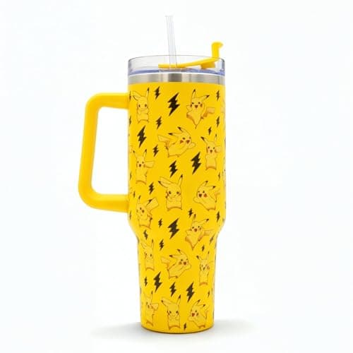 Image of Pokemon Pikachu 40oz / 1200 ML Tumbler with Straw & Lid | Leak & Spill Proof Travel Mug | Stainless Steel Vacuum Insulated Water Bottle with Handle Keeps Cold for 17Hrs or Hot for 5Hrs