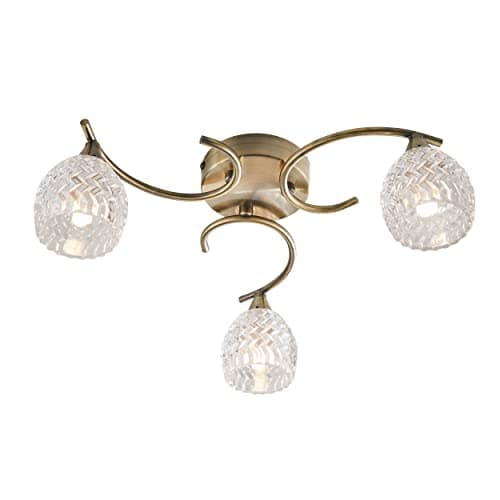 Image of National Lighting Reagan Decorative Antique Brass Curved Arm Semi Flush Ceiling Light with 3 Patterned Cut Glass Shades