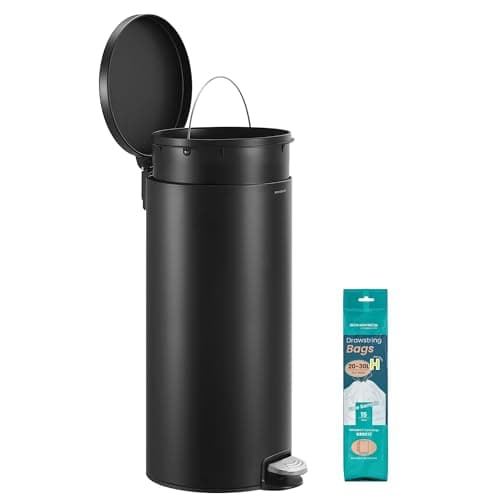 Image of SONGMICS Kitchen Bin, Round Trash Bin with 15 Trash Bags, Metal Pedal, Removable Plastic Inner Bucket, Handle, Soft-Close Lid, Steel, 8 Gallons (30 L), Ink Black LTB031BZ02