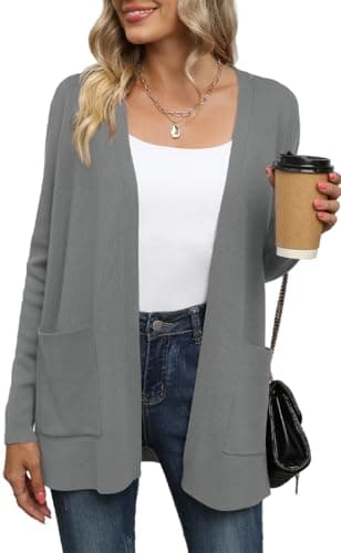 Image of Yommay Cardigan for Women Loose Casual Lightweight Ladies Long Sleeve V-Neck Knitted Sweaters with Pockets,Dark Grey,Large