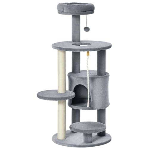 Image of PawHut Cat Tree Tower for Indoor Cats 112cm Climbing Kitten Activity Center with Jute Scratching Post Perch Hanging Ball Toy Teasing Rope Dark grey
