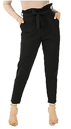 Image of BIWTUP Womens Paper Bag Belted Slim Trousers Ladies High Waisted Elasticated Tie Up Tapered Pants Black