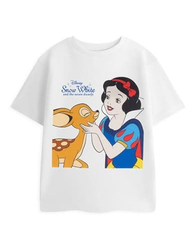 Image of Disney Snow and Fawn White Girls T-Shirt in White | Classic Snow White & The Seven Dwarfs Graphic Tee | Short Sleeve Crew Neck Top | Kids Movie Merchandise