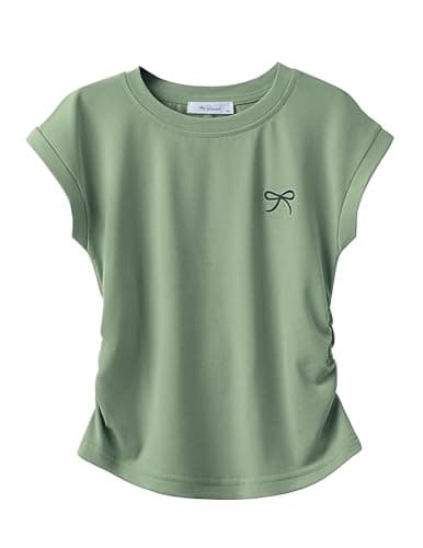 Image of Arshiner Girls' Ruched Waist Butterfly Print T-Shirts Summer Short Sleeves Kids Round Neck Fashion Solid T-Shirt Tops for Girls Grey Green 150 10-11 Years