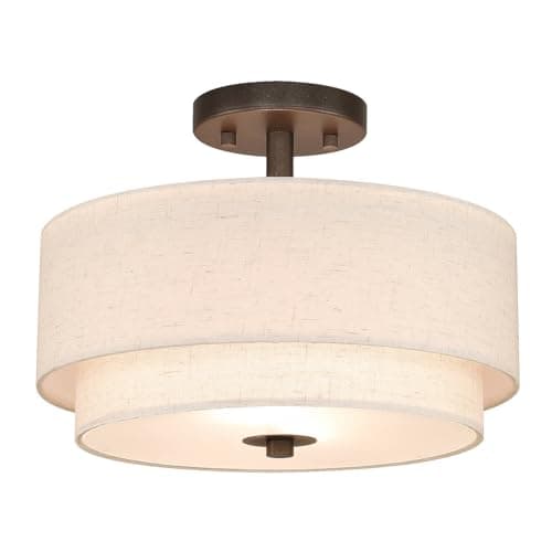 Image of XiNBEi Semi Flush Mount Ceiling Light 2-Light, Dark Bronze Close to Ceiling Light Modern Dual Drum Chandelier with Fabric Linen Shade for Hallway Bedroom Kitchen NL-SF1289-13DB