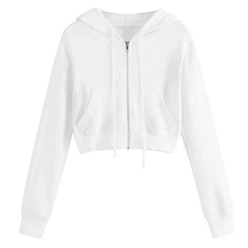 Image of OVARA Zip Up Cropped Hoodie for Women Long Sleeve Crop Sports Jacket with Pocket Drawstring Hooded Sweatshirts Plus Size Solid Color Zipped Hoody Tops