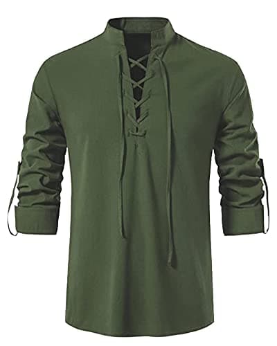 Image of YAOHUOLE Men's Plain Tops Cotton Classic Scottish Jacobite Ghillie Kilt Shirt Casual Linen Shirt Army Green XL