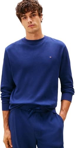 Image of Tommy Hilfiger Men’s Waffle Sweatshirt with Round Neck, Blue (Preppy Navy), L