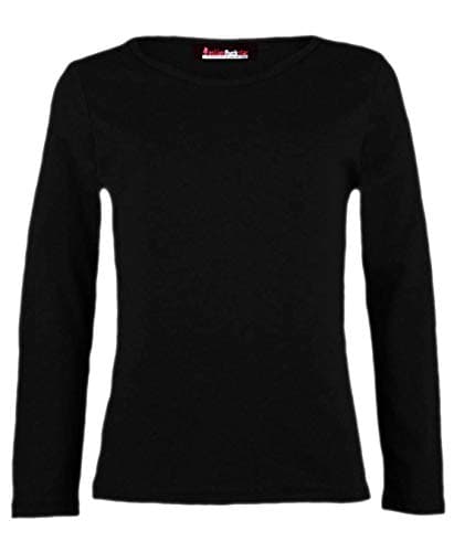 Image of Girls Plain Tops Long Sleeve Basic Stretch Round Neck T-Shirt School Tee Top Black 11-12 Years