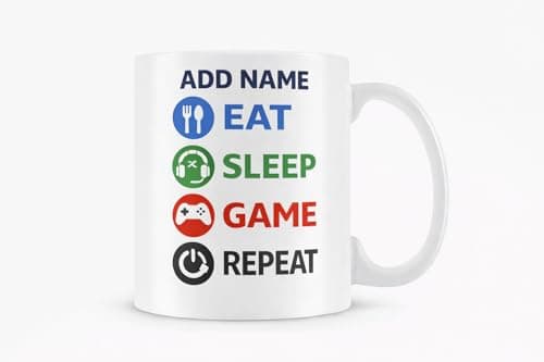 Image of Vacso Trading Personalised Gamer Mug | Eat Sleep Game Repeat Mug | Custom Name Gaming Mug | Gamer Gift | Gaming Coffee Mug