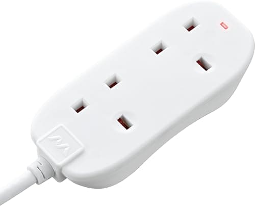 Image of Masterplug Two Socket Double Extension Lead, 10 Metre Cable, Power LED Indicator, Unswitched, 2-Way Plug Extension Cable, Power Strip, Basic Power, White, 13A, 2G, 10m, BTN10N