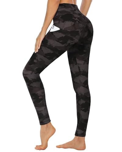 Image of CAMPSNAIL Leggings for Women with Side Pockets High Waisted Gym Yoga Sports Running Stretchy Leggings Soft Opaque Tummy Control Workout Pants Ladies (Black Print,L-XL)