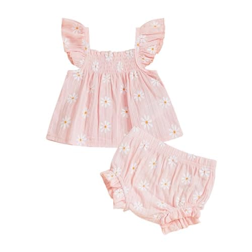 Image of XIXIMAON Cute Baby Girls Summer Outfits Daisy Floral Print Flying Sleeve Ruffle Shirt Tank Tops Ruffle Elastic Shorts Set 2pcs Toddler Girl Cotton Linen Set (Pink, 3-6 Months)