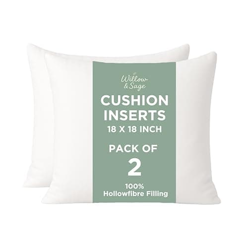 Image of Willow & Sage Cushion Inserts 45cm x 45cm (18"x18") – Hypoallergenic Hollow Fibre Cushion Pads with Polypropylene Covers – White Square Pillow Stuffers for Sofa & Bedroom (Pack of 2)
