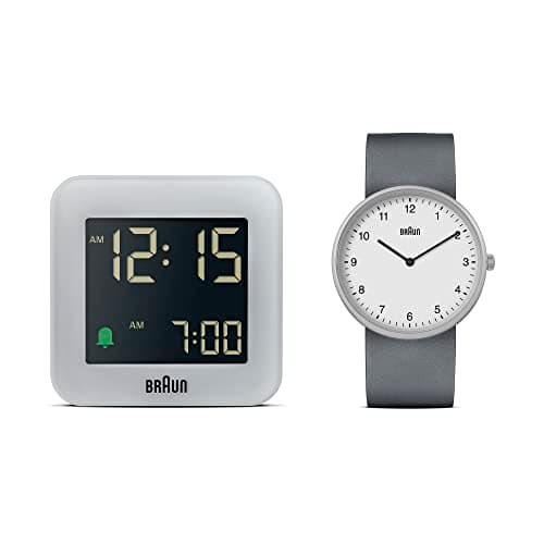 Image of Braun Gift Set Bundle 2-Hand Analogue Quartz Watch with Grey Silicone Rubber Strap BN0231WHGYG Digital Travel Alarm Clock in Grey BC08G (2 Pack)