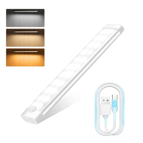 Image of Woobroo Motion Sensor Lights - 20cm Under Cabinet Kitchen Lights, 3 Color Rechargeable Night Light, Auto On/Off Dimming Wardrobe Lights for Stairs, Under Cabinet, Closet, Room, Wardrobe, 1 Pack