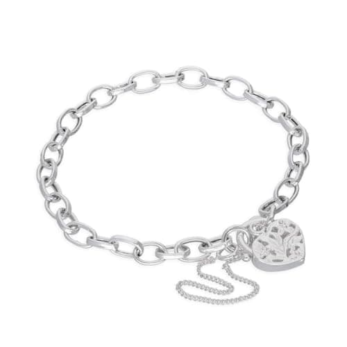 Image of jewellerybox Sterling Silver Belcher Chain Charm Bracelet with Heart Padlock 8 Inches