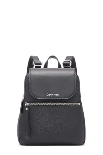 Image of Calvin Klein Women's Reyna Novelty Key Item Flap Backpack, Black/Silver Hampton Pebble, One Size