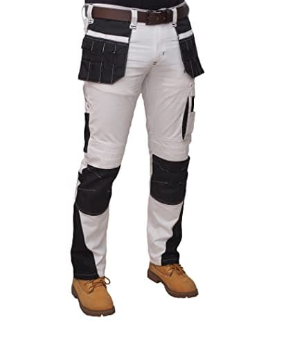 Image of HASHOOB Mens Work Trousers Painters Decorators White Cargo Combat Pants (GRN-WHITE3, 34W X 34L)