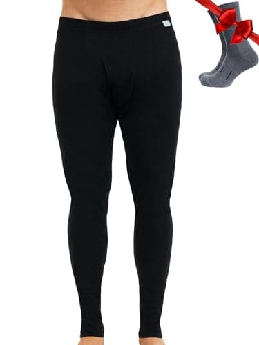 Image of Merino Wool Base Layer Men Leggings Pants 100% Merino Wool Thermal Underwear Long Johns Light, Mid, Heavyweight + Hiking Socks (Large, 165 Black)