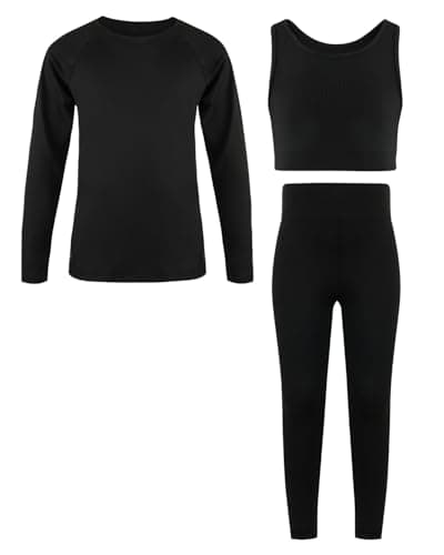 Image of JiAmy Girls Yoga Leggings Girls Athletic Leggings Training Bras Set Kids Gym Crop Tank Top Activewear Set for 6-7 Years Black