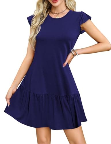 Image of Zeagoo Summer Sundresses for Women UK Puff Sleeve Round Neck Mini Ladies Dress Causal Beach Dress Blue M