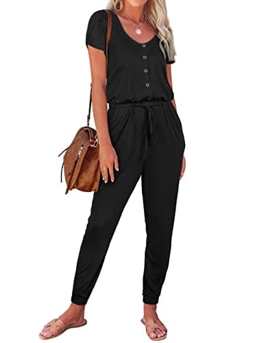 Image of REORIA Women's Summer Casual Jumpsuit Plain Scoop Neck Button Down Bud Sleeve Rompers With Pockets Black L