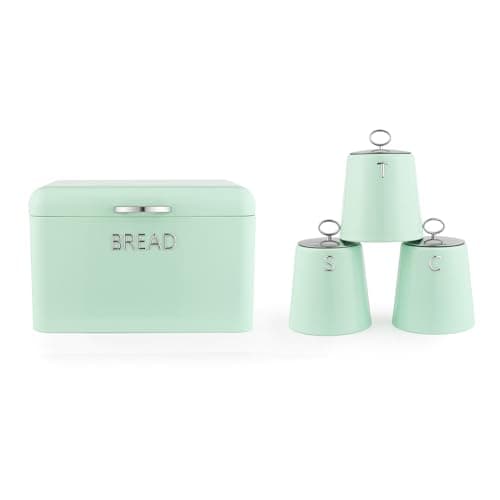 Image of Salter Retro Green 4-Piece Countertop Set – Includes Bread Bin, Tea, Coffee & Sugar Canister, Dry Food Storage Containers, Durable Steel, Stylish Embossed Lettering, Kitchen Organisation, Breakfast