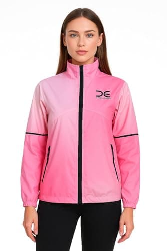Image of Crossedge Women's Cycling Full Sleeve Hooded Rain Jacket with Pockets Air breath Waterproof, Water resistant Hi Viz Rainbow Reflector Rain Coat (UK, Alpha, One Size, Regular, Regular, Large, Pink)