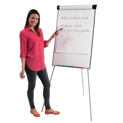 Image of Metroplan Tripod Flipchart Easel | Large Magnetic Dry-Wipe Whiteboard| 1000 x 680 mm | White Frame | Height-Adjustable - Ideal for Office, School, Presentation, Venues