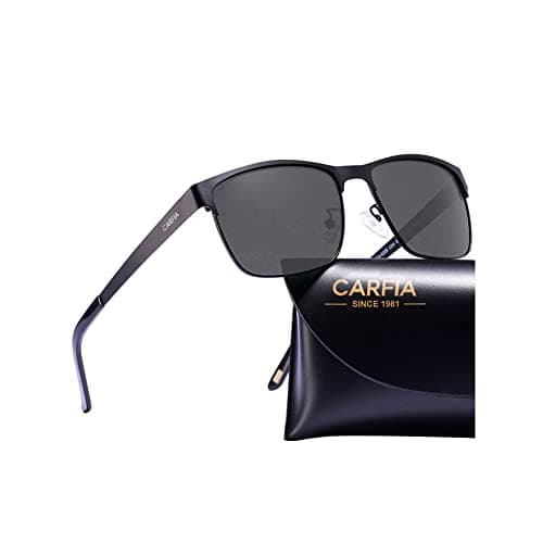 Image of Carfia Polarized Sunglasses Man Metal Square Frame 100%UV400 Protection for Driving, One Size, Black Frame With Grey Lens
