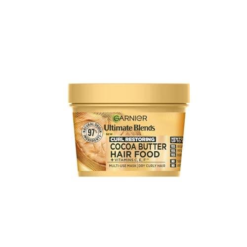 Image of Garnier Ultimate Blends Cocoa Butter Hair Food Multi-Use Mask, Curl Restoring for Dry Curly Hair, Up to 72H Anti-Frizz, Boosted with Vitamins C, E, F, 400ml, No Artificial Colors, Cruelty Free, Vegan