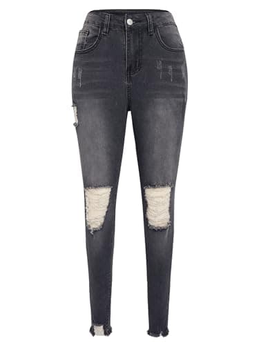 Image of YUNDAI Womens Ripped Jeans Skinny Stretch High Waist Trousers Ladies Denim Slim Fit Pants Jeggings, Medium Black