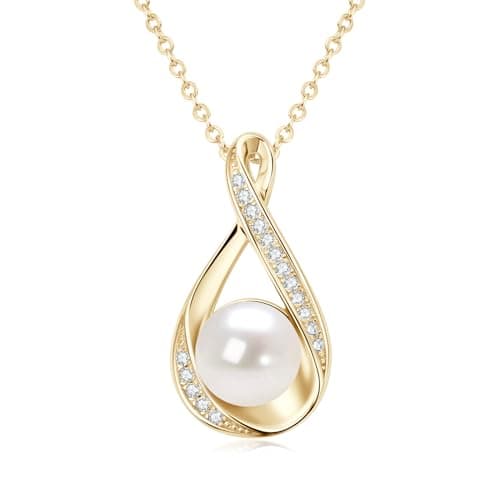 Image of DENGGUANG Freshwater Pearl Pendant Necklaces for Women, Sterling Silver Infinity Single Pearl Necklace with Shiny Moissanite Wedding Jewelry Gift for Bride Bridesmaid