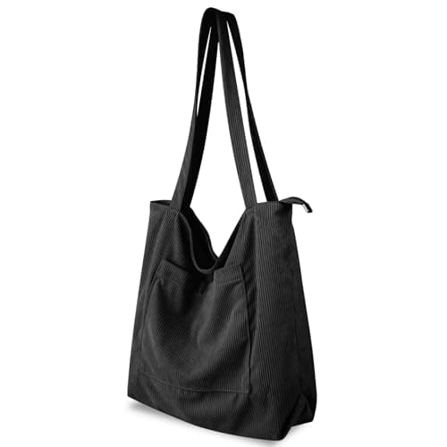 Image of flintronic Corduroy Tote Bag, Shoulder Bag with Zipper, Casual Handbags, Waterproof Tote Bag with Pockets Compartments, Large Capacity Shopping Bag for School College Work Daily Use, Black