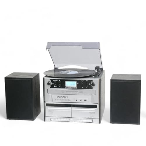Image of Steepletone PHOENIX 6 in 1 Music Centre High Speaker Volume, Triple CD Player, Vinyl Record Player, Twin Cassette, FM Radio and Bluetooth, MP3 playback Encoding, Remote Control, Stereo Speakers