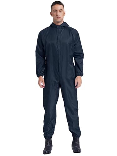 Image of Agoky Men's Long Sleeve Zip Up Coveralls Jumpsuit Hooded Anti-Static Work Overalls Mechanics Workwear Navy Blue L