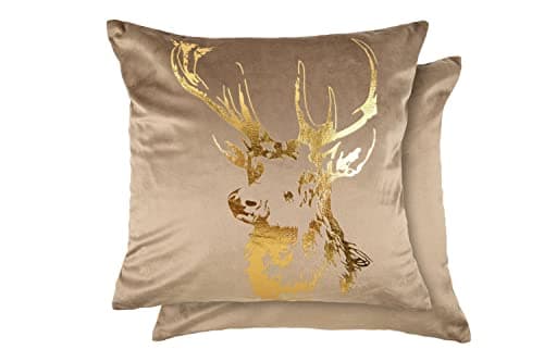 Image of Emma Barclay Velvet Stag - Soft Plush Velvet Cushion Cover with Foil Print in Taupe - 17x17 (43x43cm)