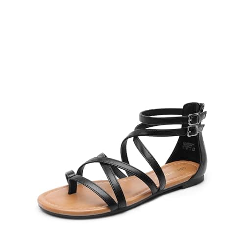 Image of DREAM PAIRS Women's Dressy Gladiator Summer Cross Strappy Sandals Comfort Flat Casual Beach Fisherman Thong Sandals,Size 7,Black-Pu,DWUMFS2502
