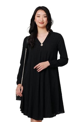Image of Izabel London Pleated V-Neck Long Sleeve Swing Dress for Women UK with Button Detail and Short Hem. Black