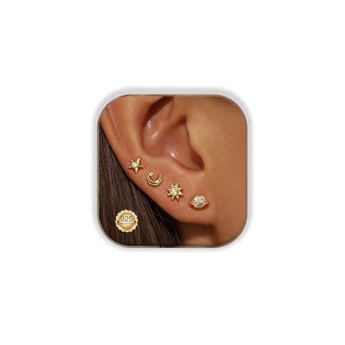 Image of 4 Pairs Star Moon Earring 14k Gold Studs Earrings for Women, Hypoallergenic Cubic Zirconia Gold Stud Earrings 925 Sterling Silver Post Jewelry Gift for Women