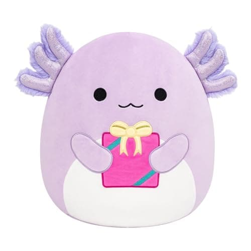 Image of Squishmallows Original 12-Inch Monica the Purple Axolotl Holding Present - Offical Jazwares Plush (Medium-Sized)