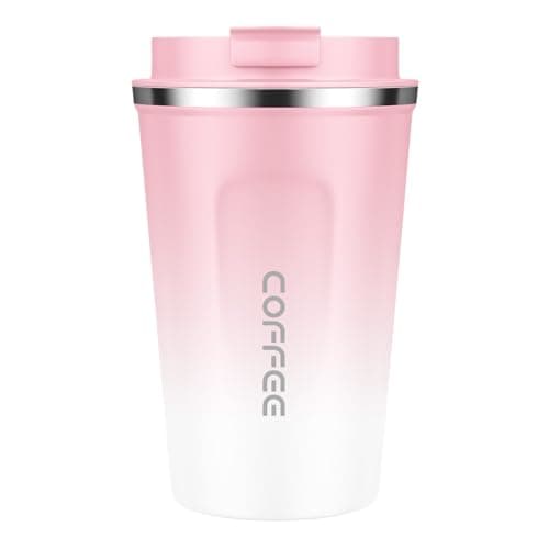 Image of MOMSIV Coffee Cup, 380ml Vacuum Reusable Leakproof Double Wall Coffee Cup, Insulation Stainless Steel Eco-Friendly Travel Office Mug for Hot Coffee Tea and Cold Drinks, Pink