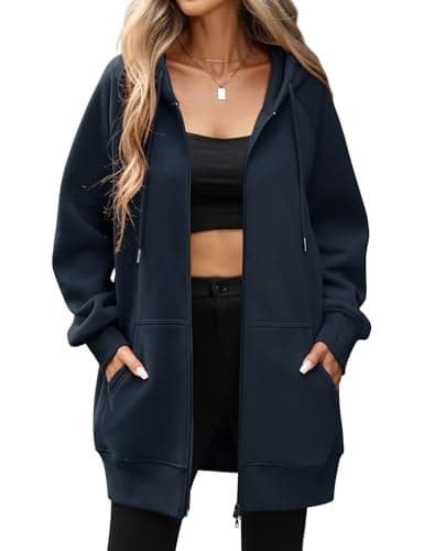 Image of Vancavoo Womens Zip Up Hoodie Ladies Longline Fleece Sweatshirts Casual Long Sleeve Jacket Loose Hooded Coat Plus Size Outwear Hoody with Pockets,Navy blue,S